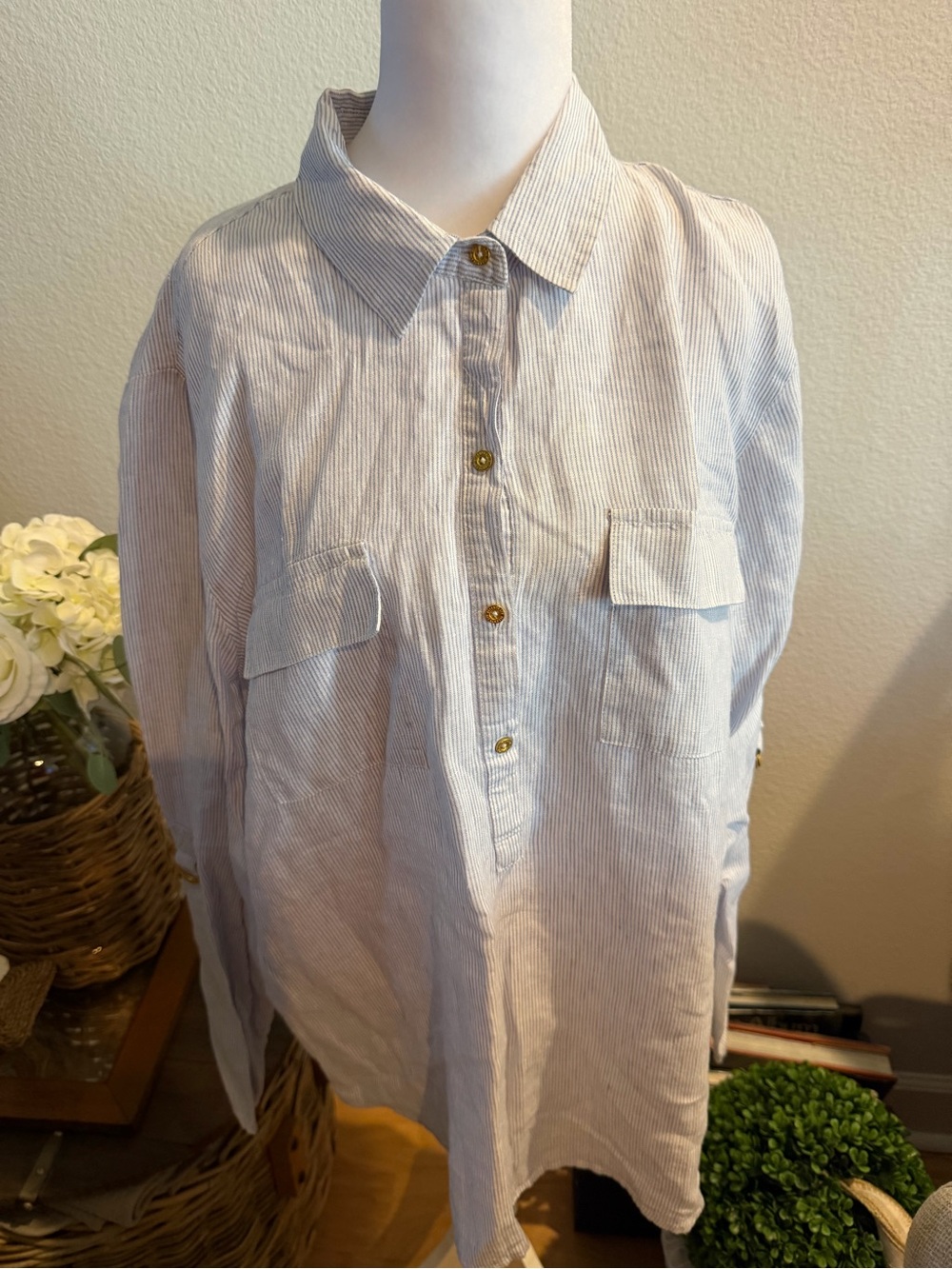 Ellen Tracy Blue and White Pinstripe Button Pullover Shirt